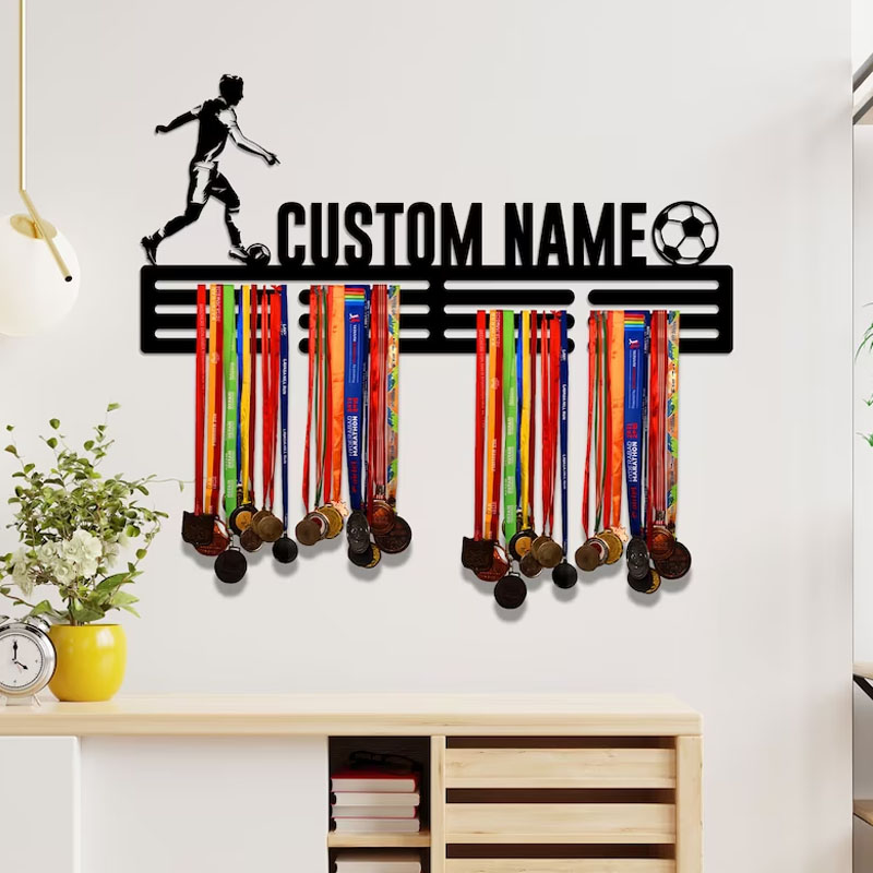 Personalized Metal Soccer Medal Hanger Wall Art Led Light